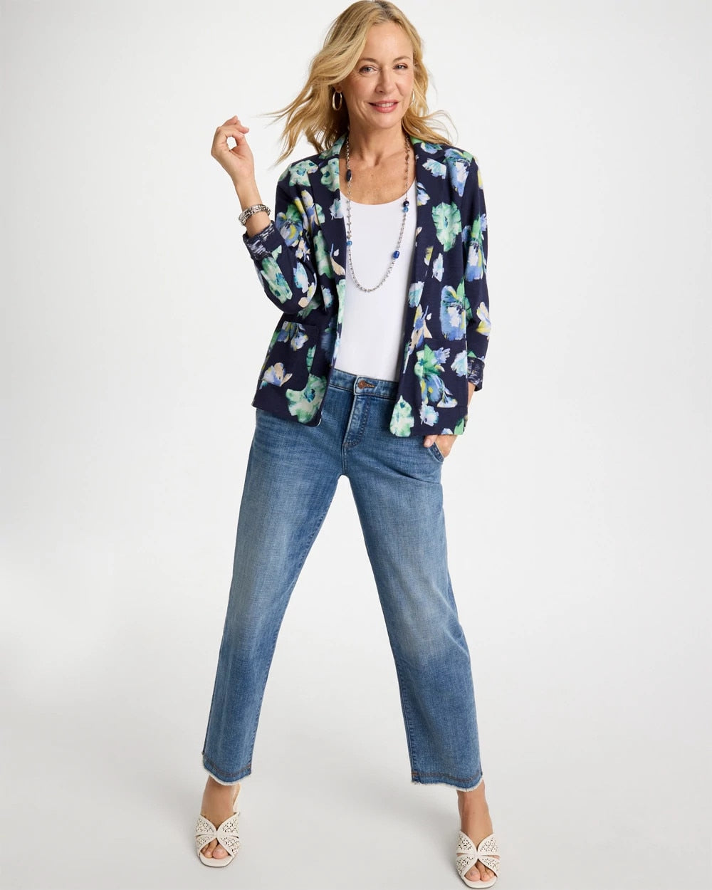 Chico's Online Passport Blue Printed Slub Knit Blazer