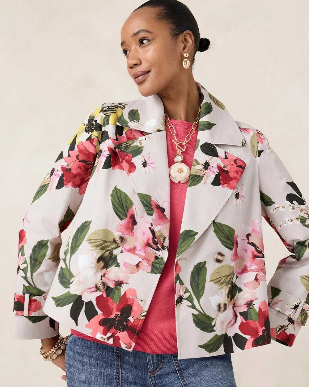 Chico's Discount Smokey Taupe Cotton-Stretch Floral Trench Coat