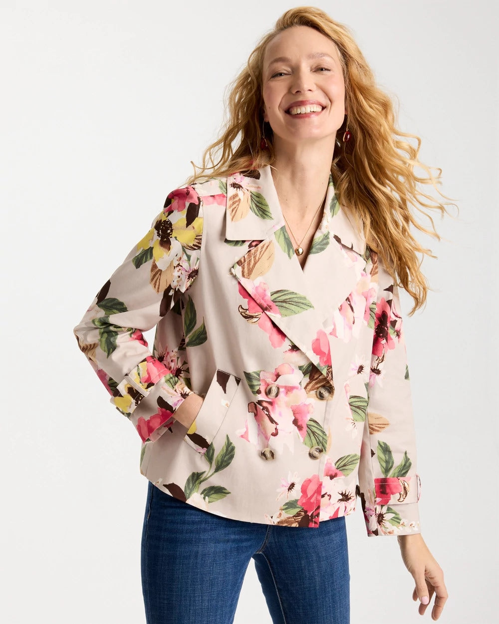 Chico's Discount Smokey Taupe Cotton-Stretch Floral Trench Coat