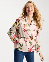 Chico's Discount Smokey Taupe Cotton-Stretch Floral Trench Coat
