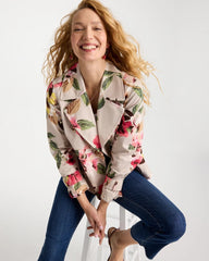 Chico's Discount Smokey Taupe Cotton-Stretch Floral Trench Coat