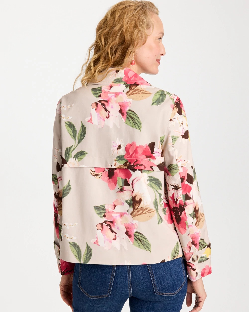 Chico's Discount Smokey Taupe Cotton-Stretch Floral Trench Coat
