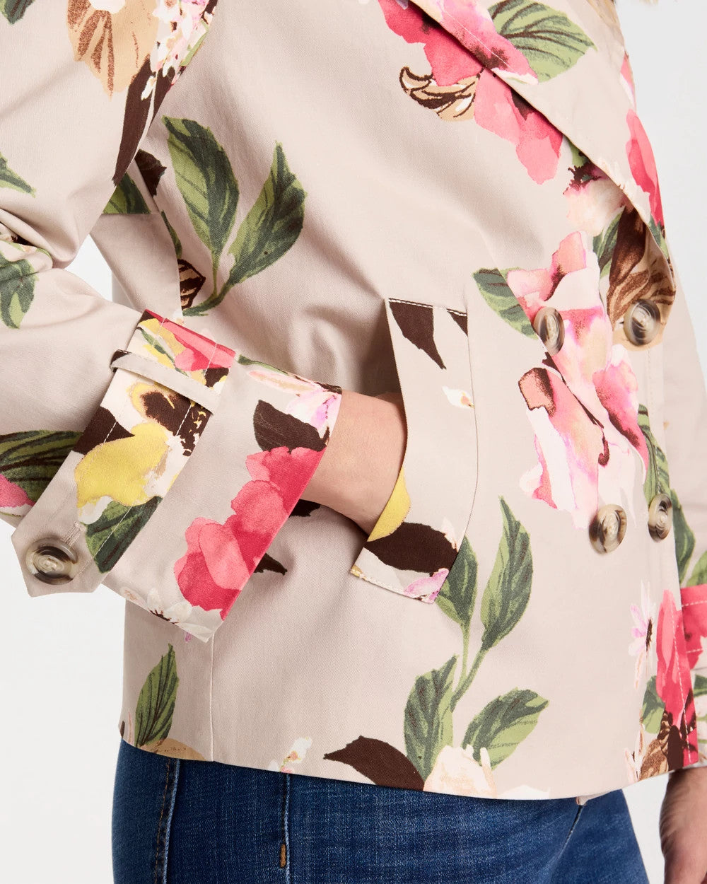 Chico's Discount Smokey Taupe Cotton-Stretch Floral Trench Coat