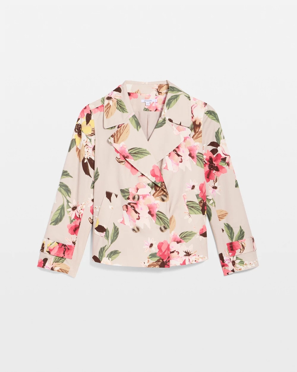 Chico's Discount Smokey Taupe Cotton-Stretch Floral Trench Coat