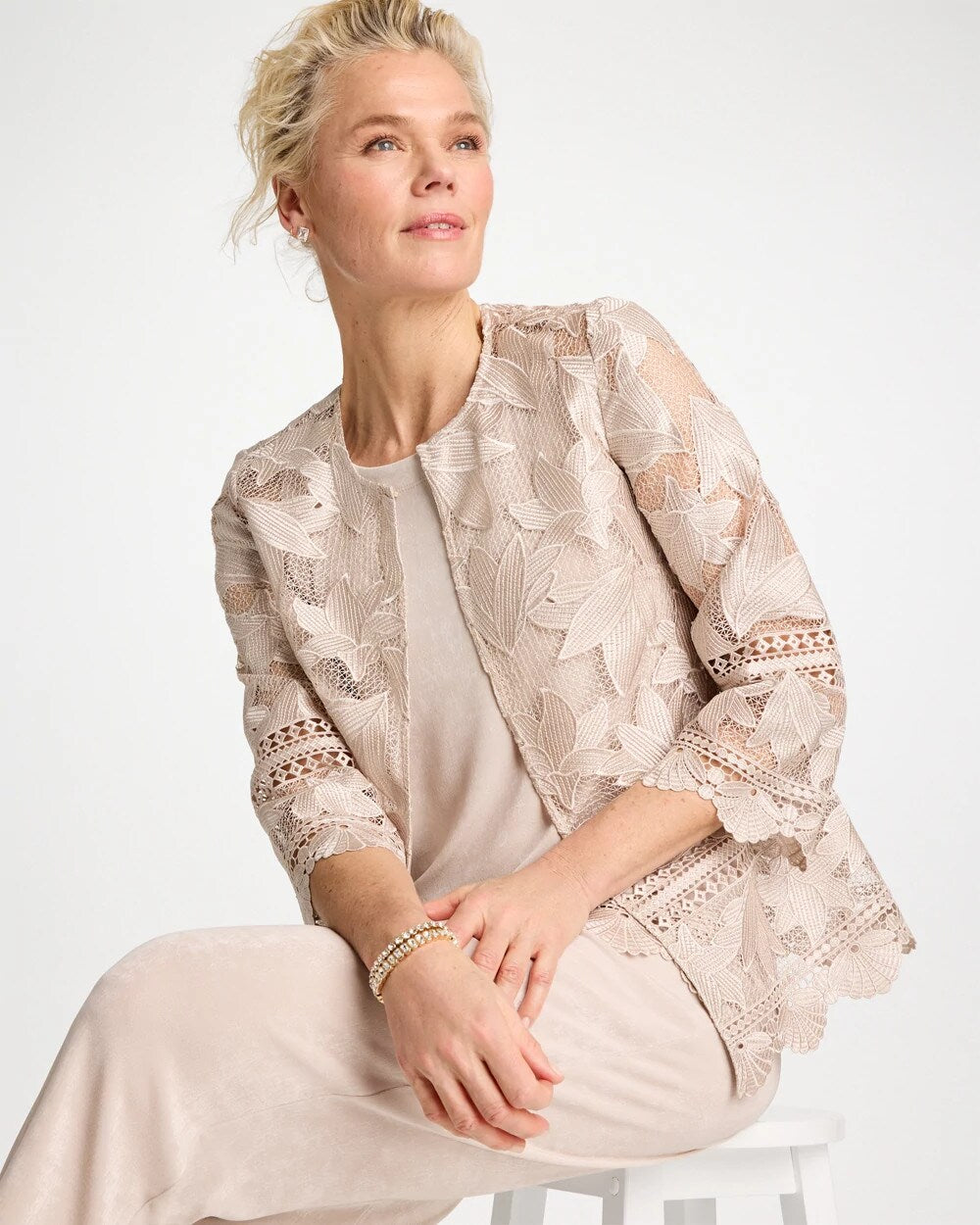 Chico's Discount Smokey Taupe Travelers™ Collection Scallop Lace Jacket