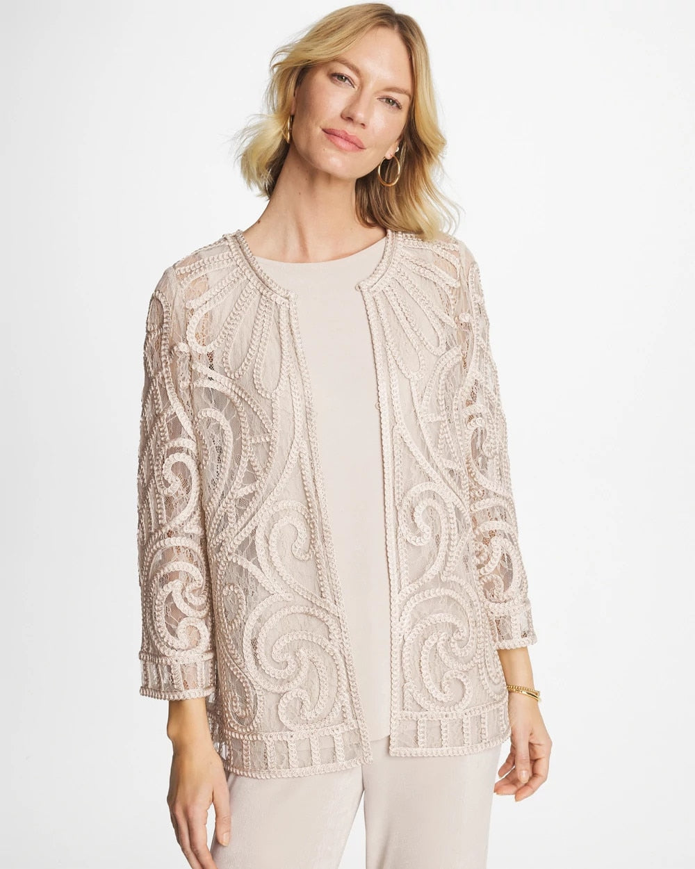 Chico's Outlet Smokey Taupe Travelers™ Short Embroidered Lace Jacket