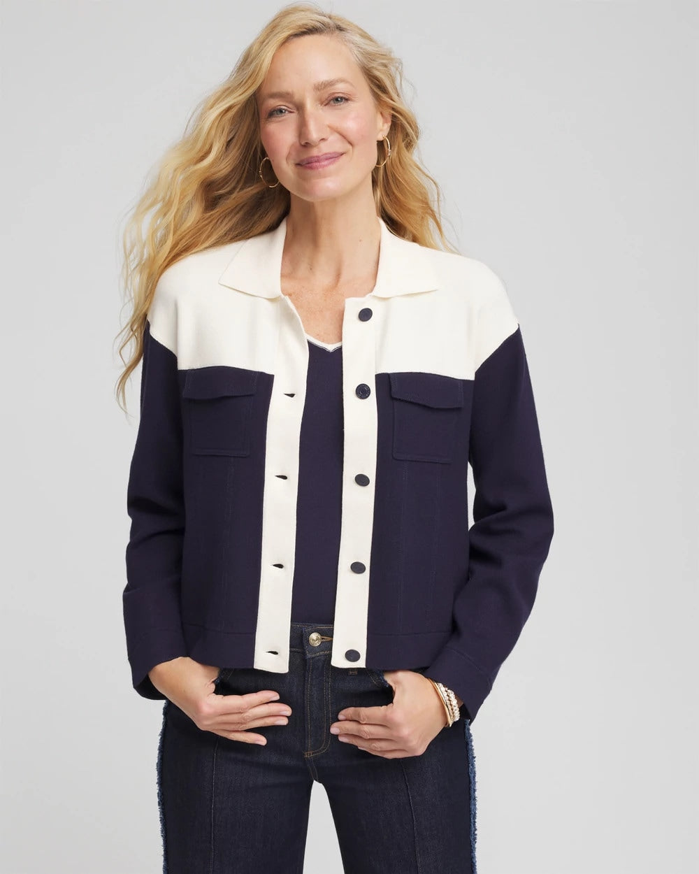 Chico's For Sale Passport Blue Colorblock Cardigan Jacket