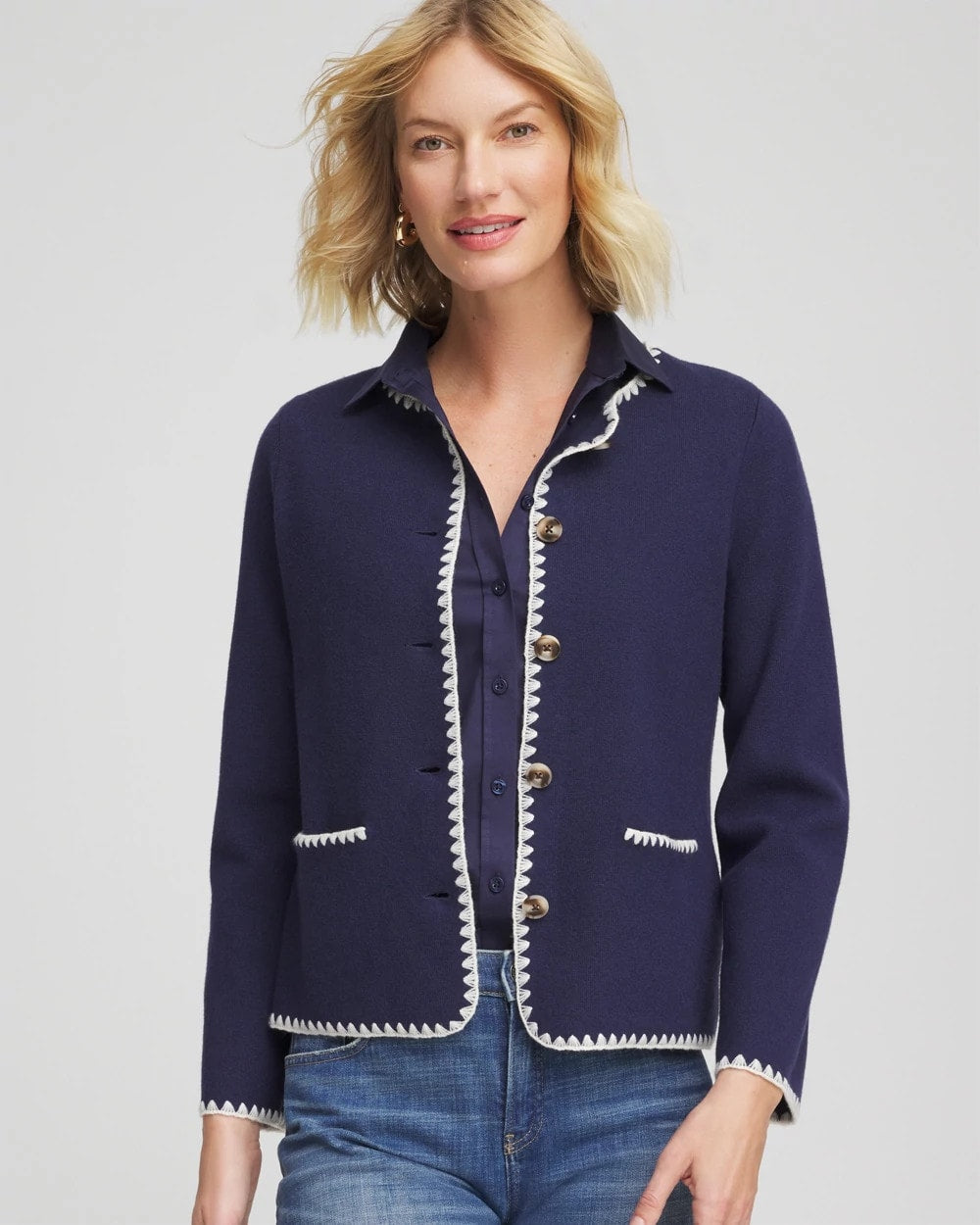Chico's Online Passport Blue Blanket Stitch Crewneck Cardigan