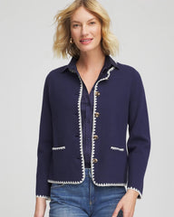Chico's Online Passport Blue Blanket Stitch Crewneck Cardigan