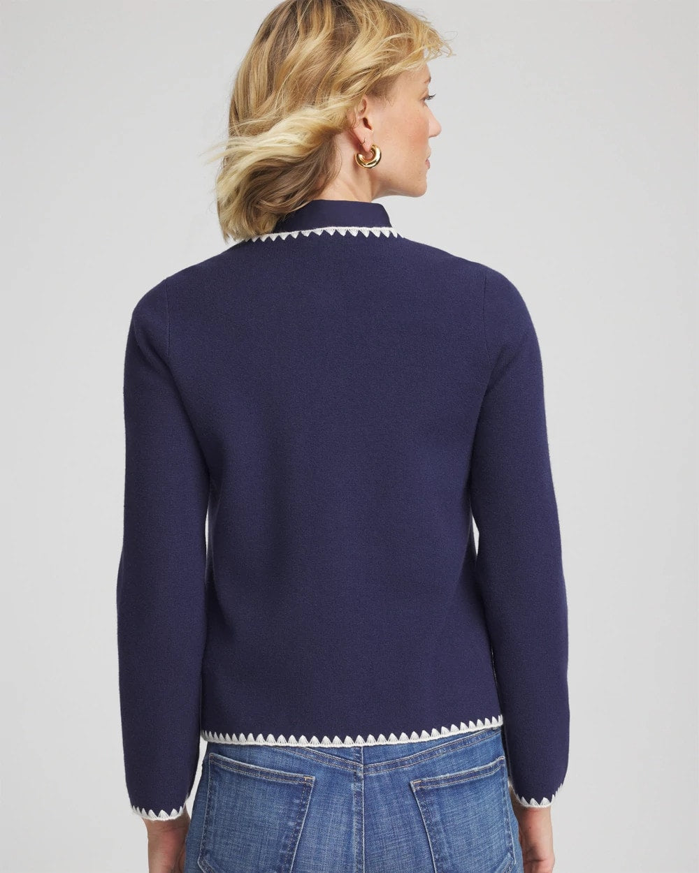Chico's Online Passport Blue Blanket Stitch Crewneck Cardigan