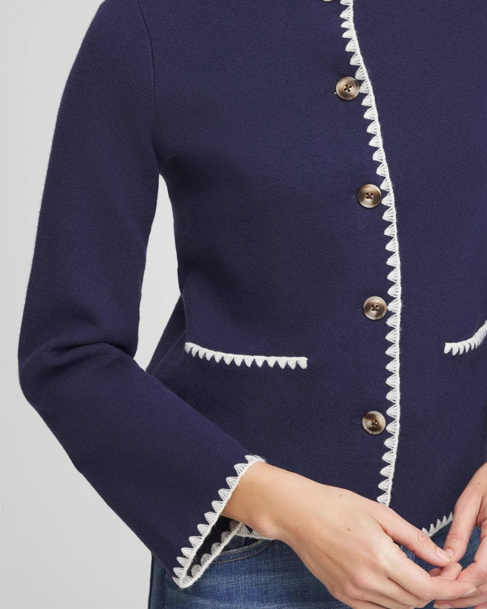 Chico's Online Passport Blue Blanket Stitch Crewneck Cardigan
