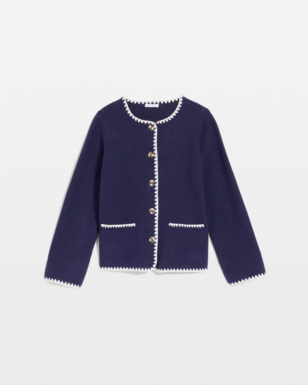 Chico's Online Passport Blue Blanket Stitch Crewneck Cardigan