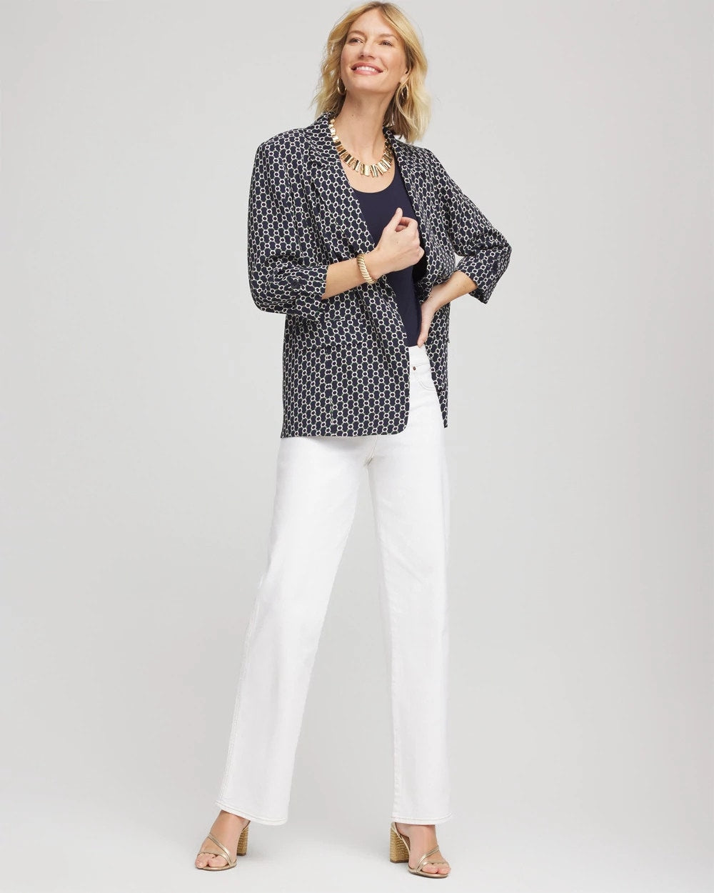 Chico's Discount Passport Blue Printed Soft Crepe Blazer