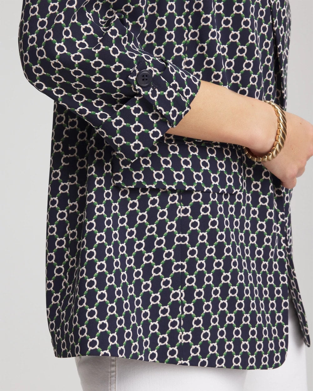 Chico's Discount Passport Blue Printed Soft Crepe Blazer