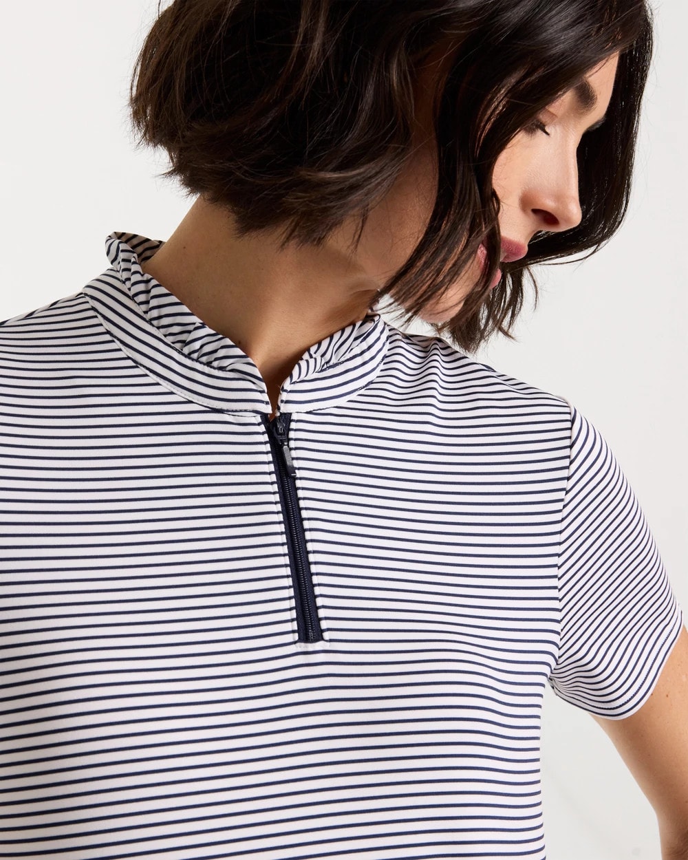 Chico's Outlet Passport Blue Zenergy® UPF Ruffle Striped Half Zip