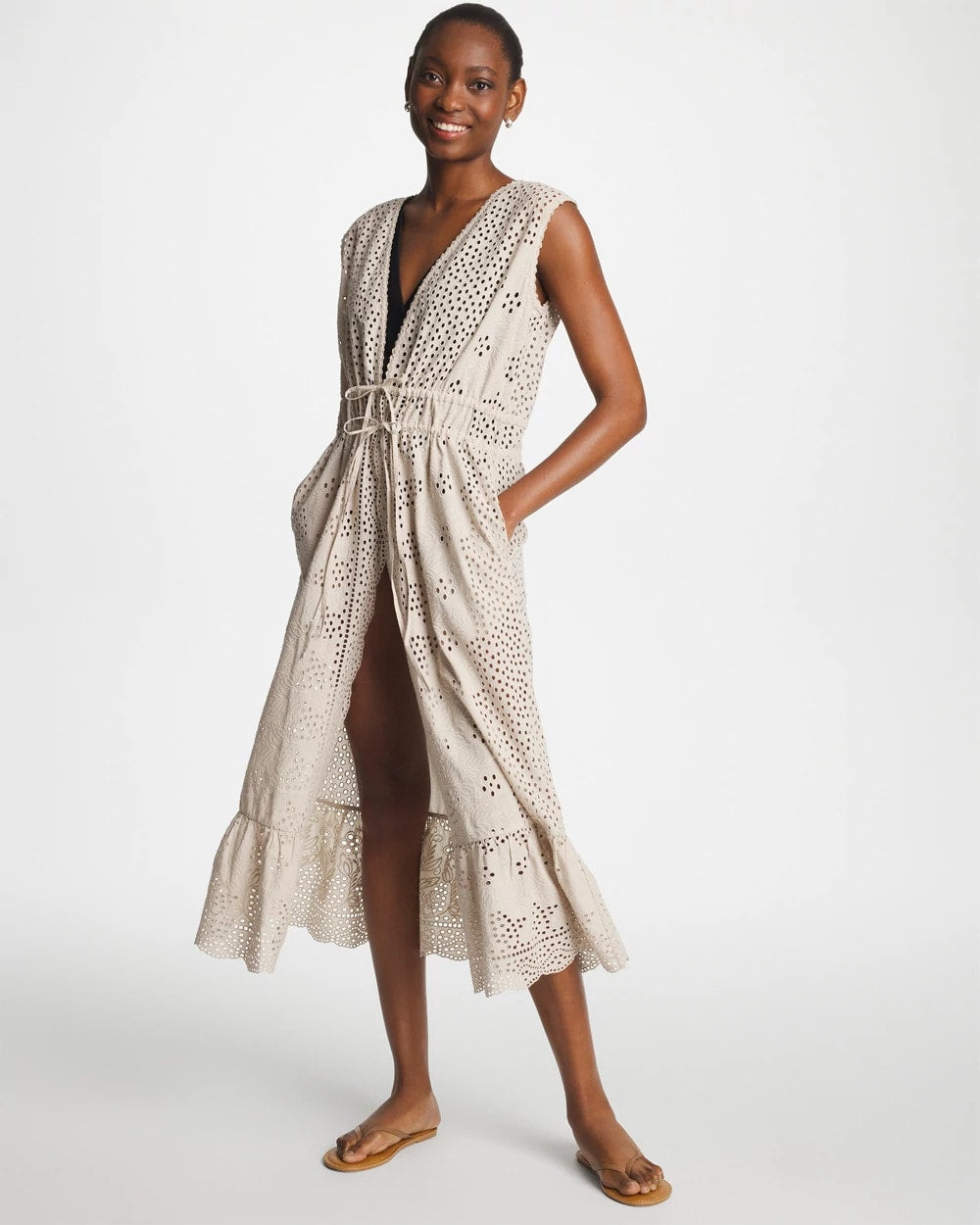 Chico's Outlet Smokey Taupe Woven Eyelet Swim Cover-Up Dress