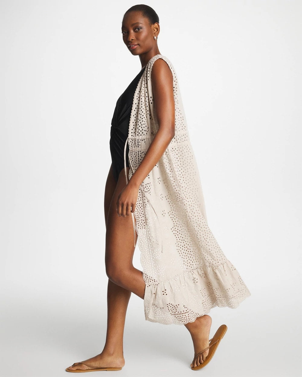 Chico's Outlet Smokey Taupe Woven Eyelet Swim Cover-Up Dress