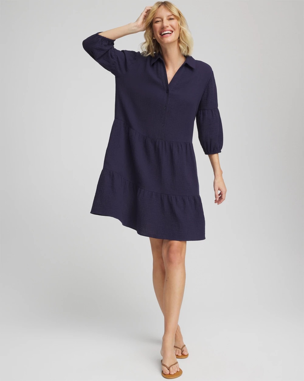 Chico's Outlet Passport Blue Woven Tiered Swim Cover-Up Dress