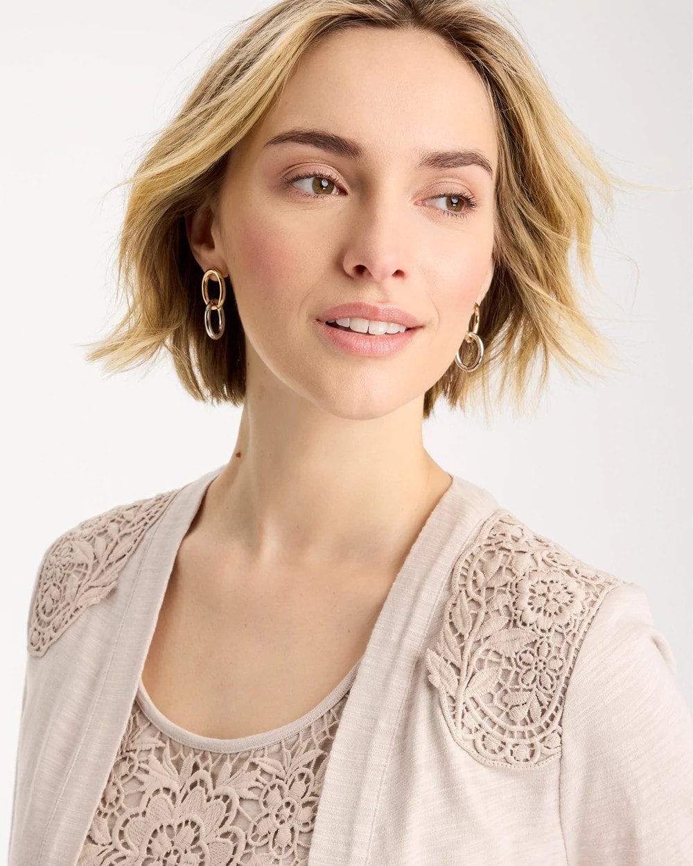 Chico's On Sale Smokey Taupe Embroidered Cotton Slub 3/4 Sleeve Cardigan