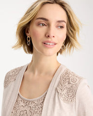 Chico's On Sale Smokey Taupe Embroidered Cotton Slub 3/4 Sleeve Cardigan