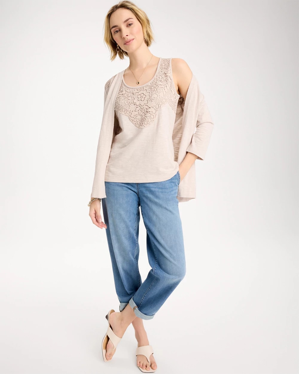 Chico's For Sale Smokey Taupe Embroidered Cotton Slub Scoopneck Tank