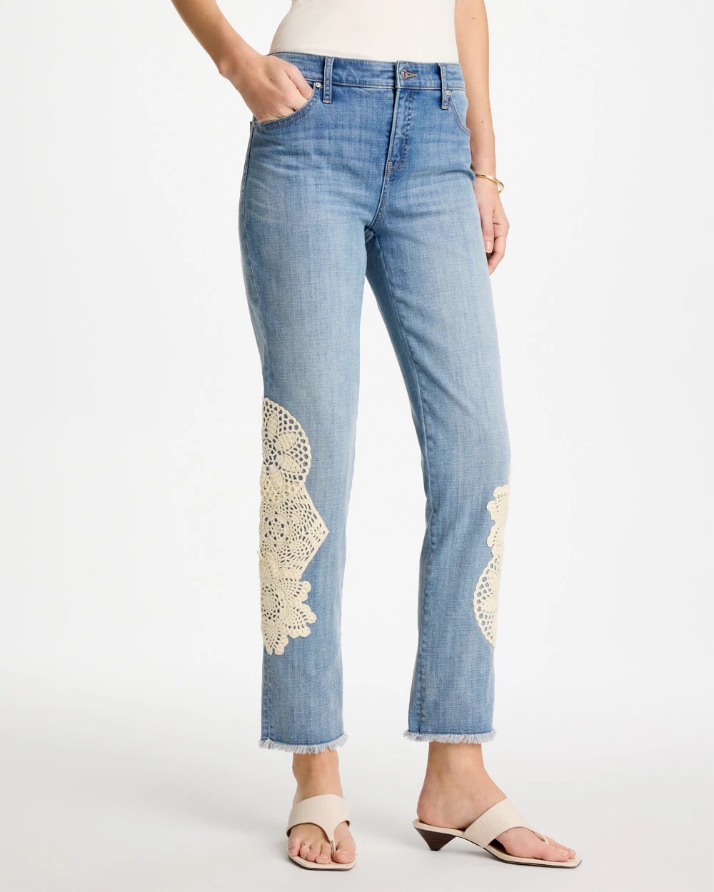 Chico's Online Coral Reef Indigo Girlfriend Slim Crochet Fray Ankle Jeans