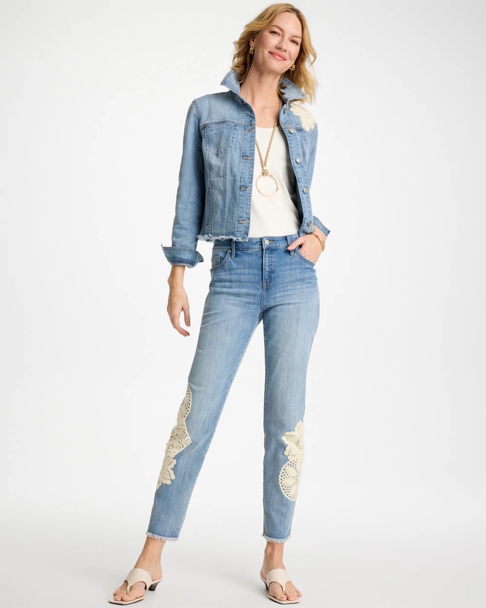 Chico's Online Coral Reef Indigo Girlfriend Slim Crochet Fray Ankle Jeans