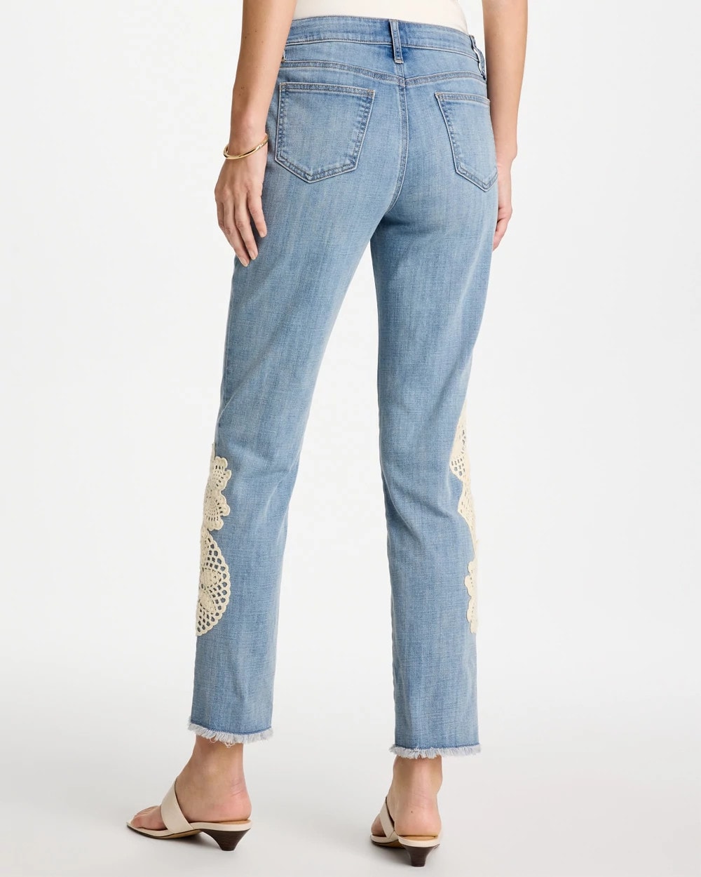 Chico's Online Coral Reef Indigo Girlfriend Slim Crochet Fray Ankle Jeans