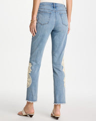 Chico's Online Coral Reef Indigo Girlfriend Slim Crochet Fray Ankle Jeans