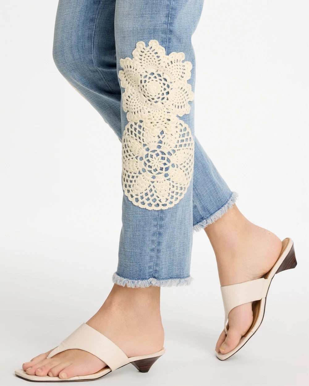 Chico's Online Coral Reef Indigo Girlfriend Slim Crochet Fray Ankle Jeans