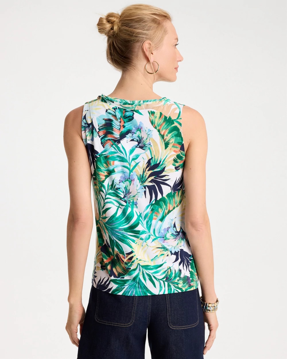 Chico's Sale Topanga Green Tropical Jersey Satin Tank Top