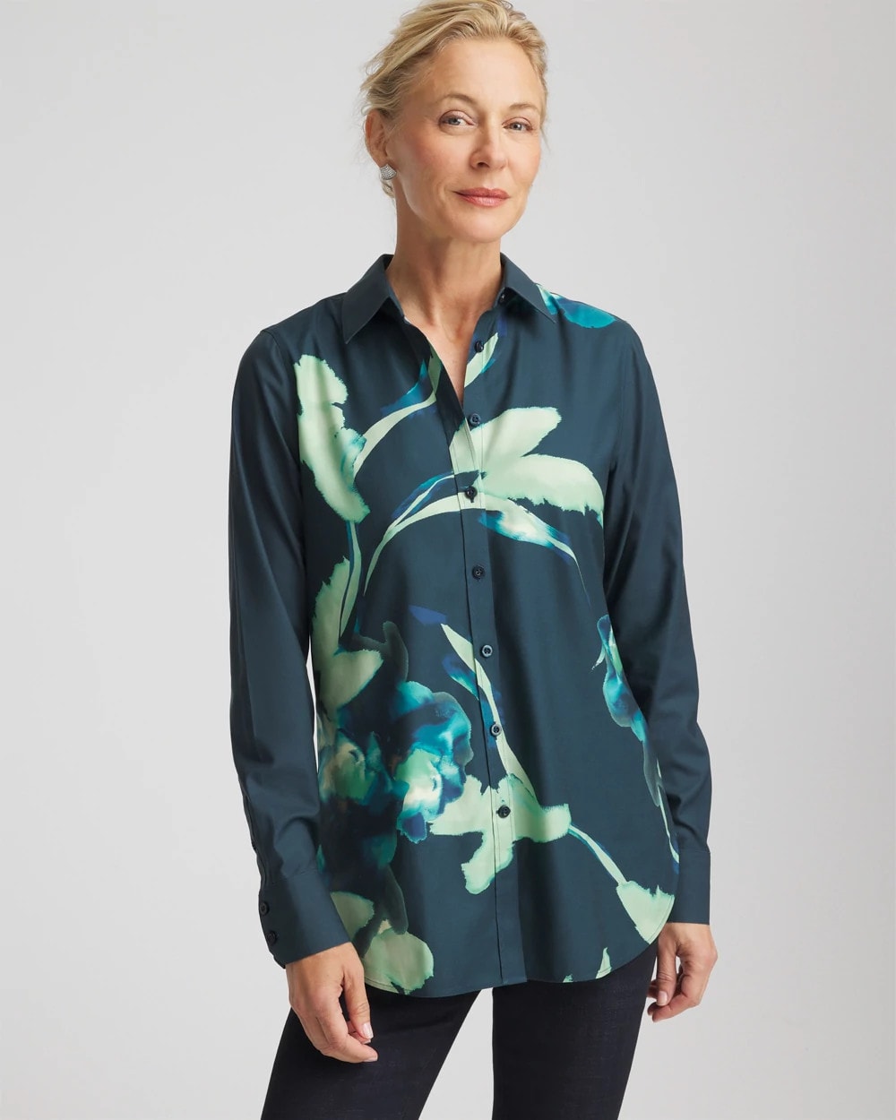 Chico's Outlet Teal Shadow No Iron™ Glacial Flora Sateen Shirt