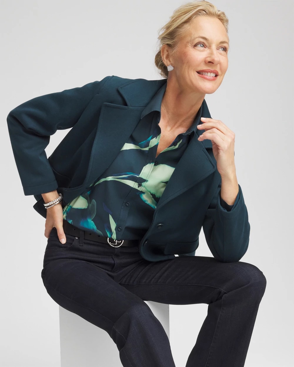 Chico's Outlet Teal Shadow No Iron™ Glacial Flora Sateen Shirt