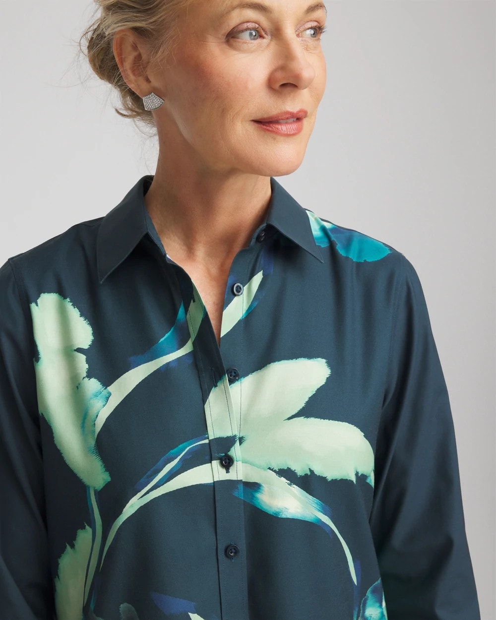 Chico's Outlet Teal Shadow No Iron™ Glacial Flora Sateen Shirt