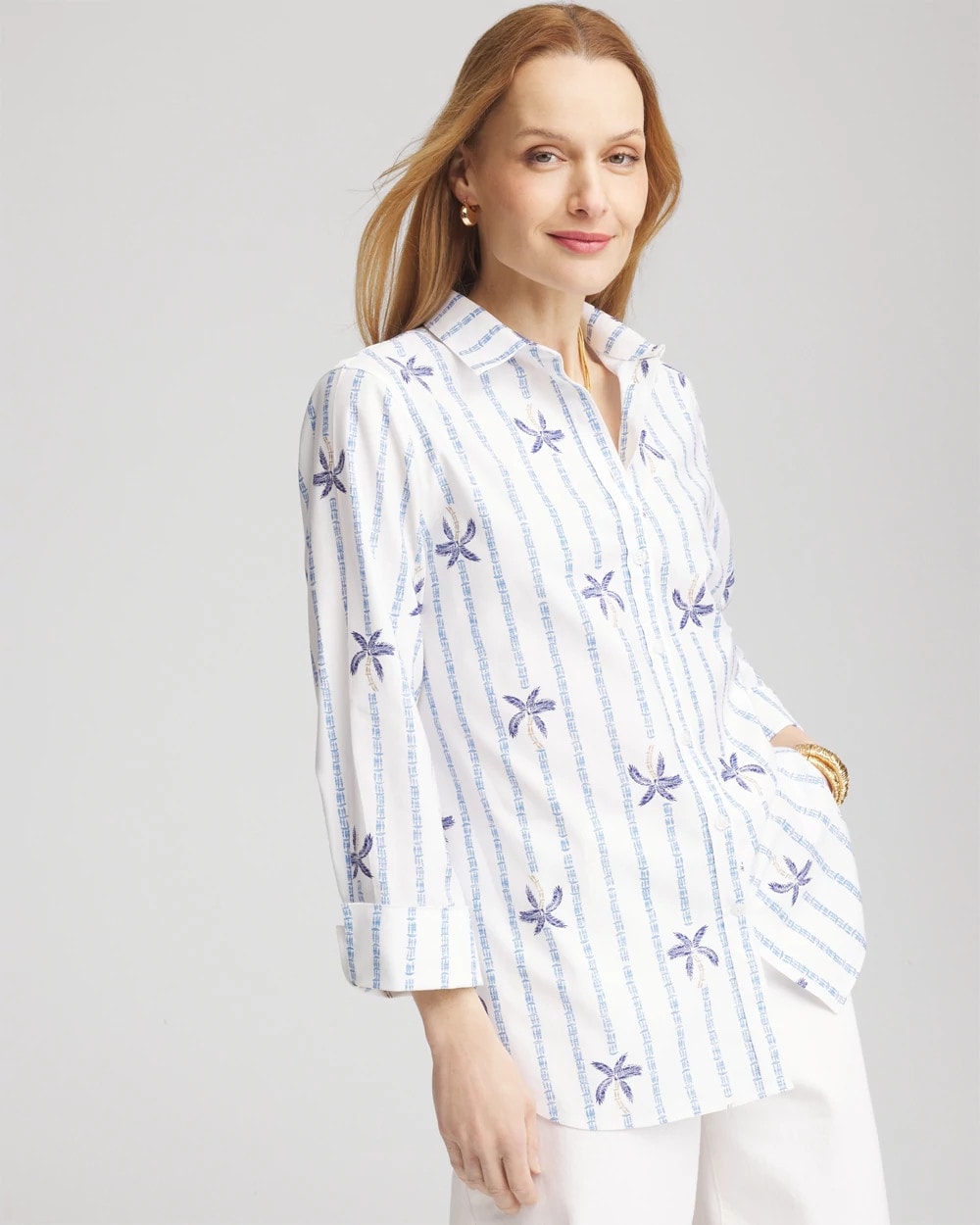 Chico's Discount Blue Casa No Iron™ Palm Striped Sateen Shirt