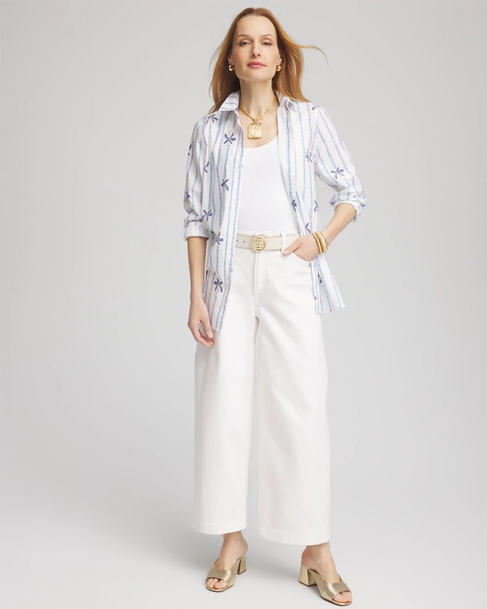 Chico's Discount Blue Casa No Iron™ Palm Striped Sateen Shirt