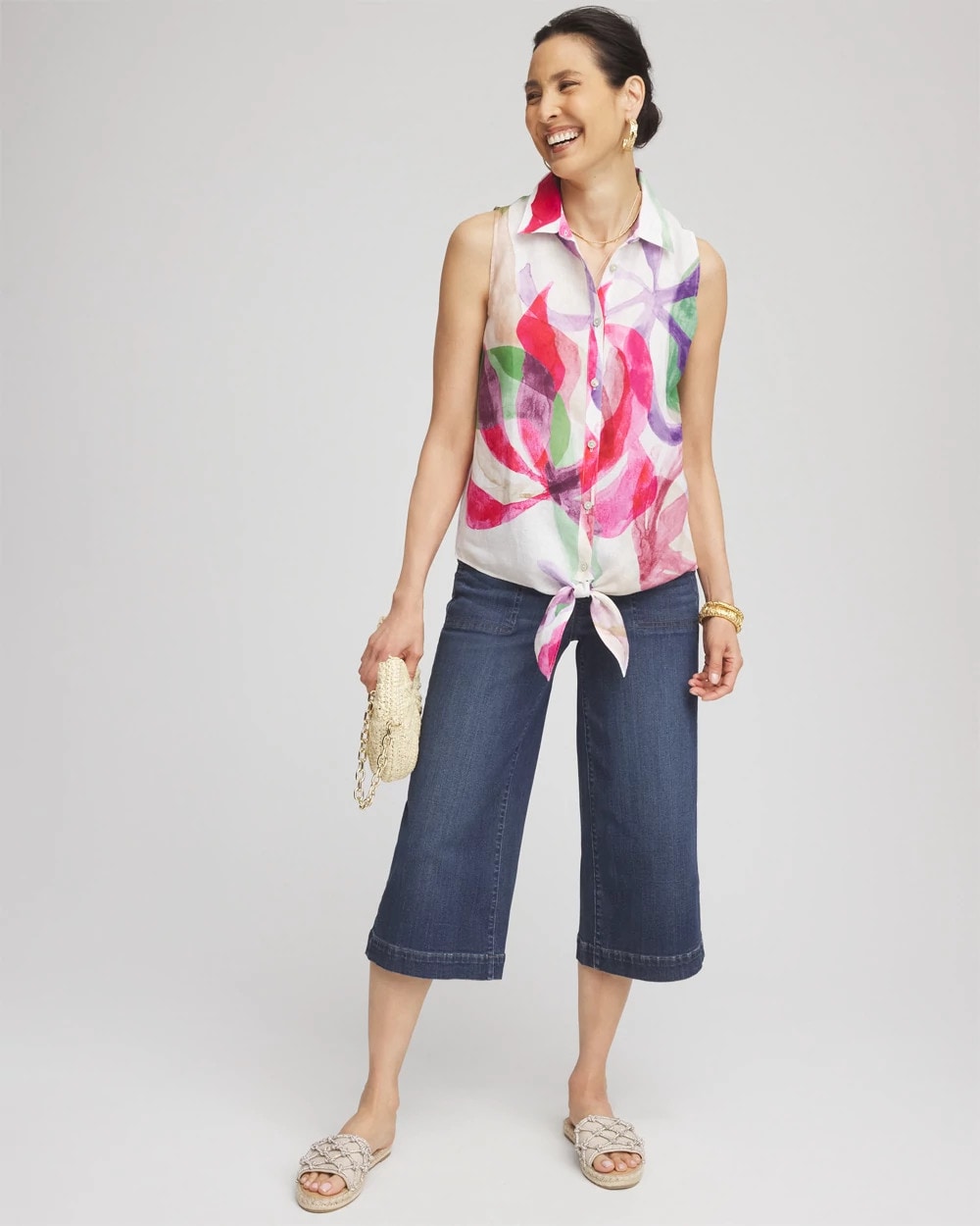 Chico's On Sale Crushed Berries No Iron™ Bloom Linen Tie-Front Shirt