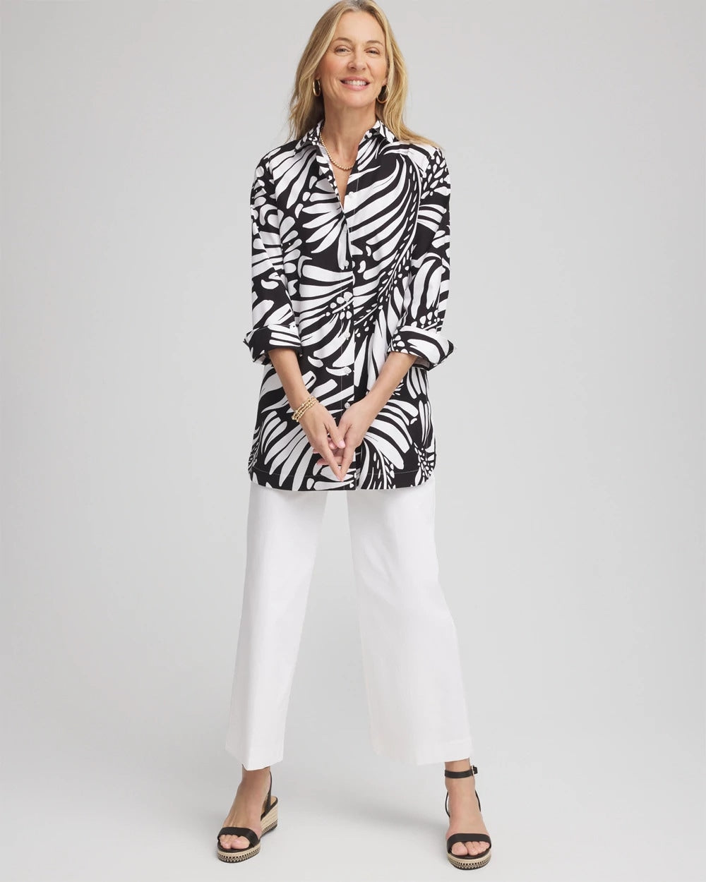 Chico's Discount Black No Iron™ Printed Palms Button Down Tunic