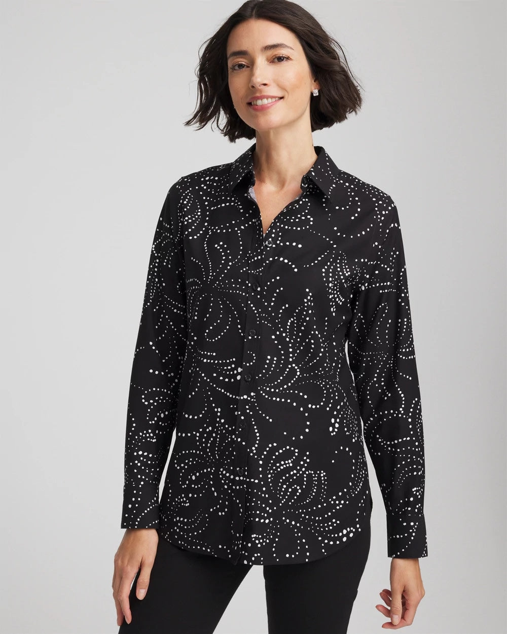 Chico's On Sale Black No Iron™ Findot Print Sateen Shirt