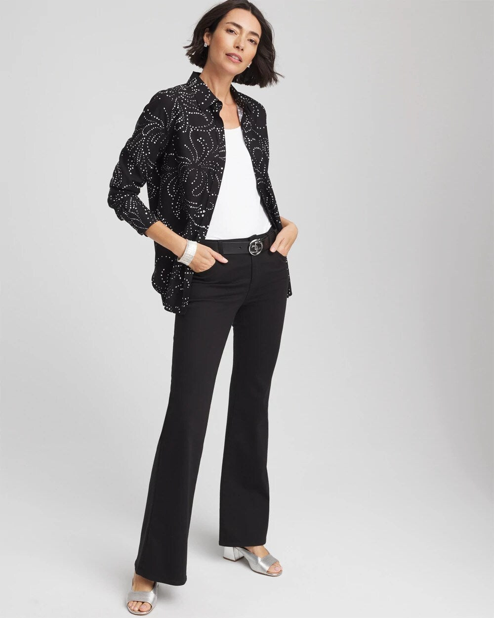 Chico's On Sale Black No Iron™ Findot Print Sateen Shirt