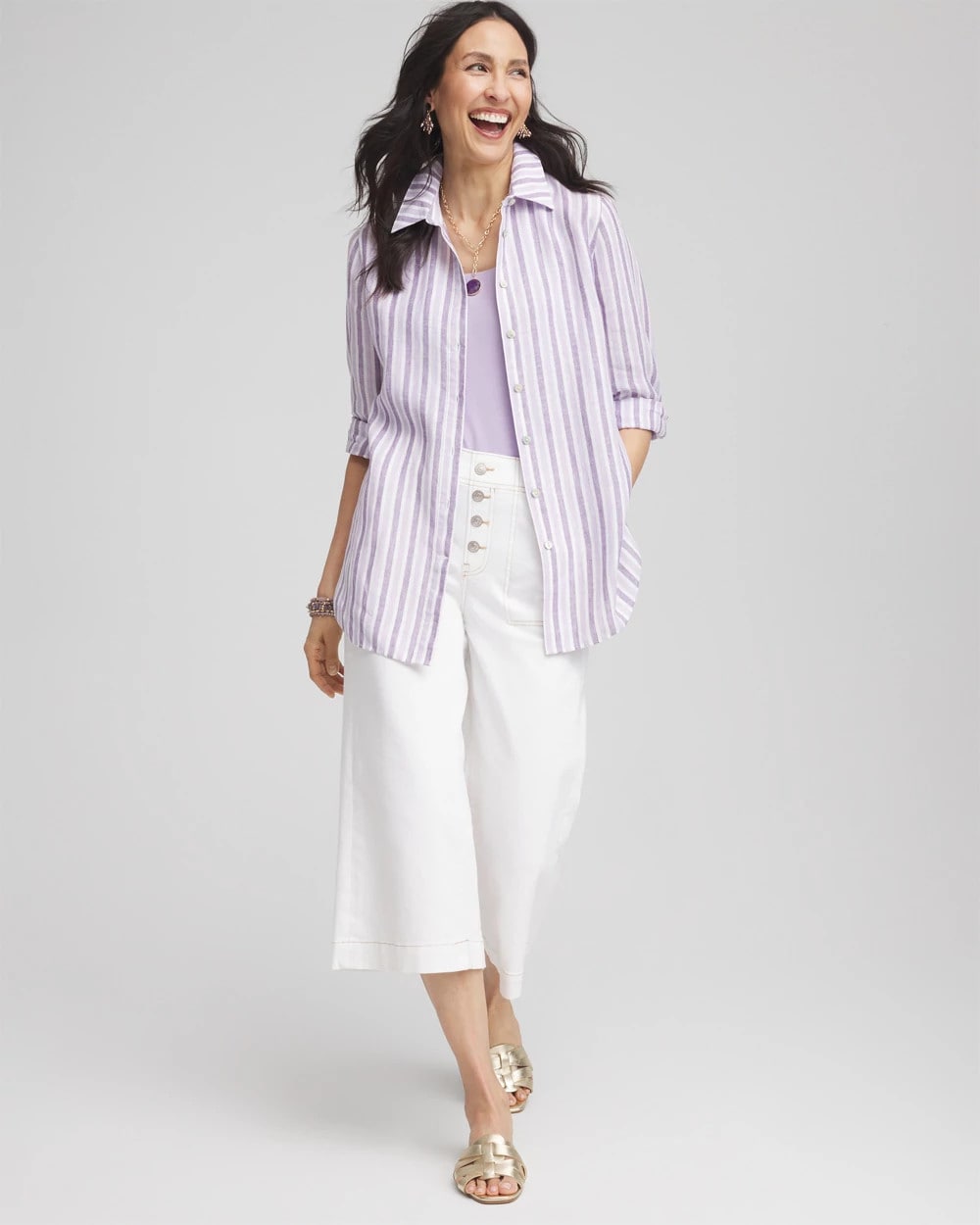 Chico's Discount Plum Shade No Iron™ Plum Striped Linen Shirt
