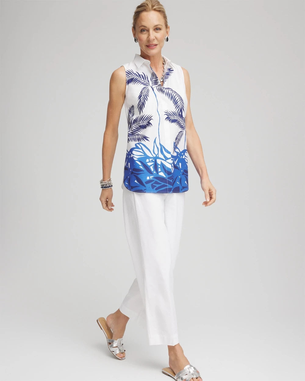 Chico's Sale Blue Casa No Iron™ Palms Sleeveless Sateen Shirt