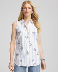 Chico's On Sale Optic White No Iron™ Starfish Striped Sleeveless Sateen Shirt
