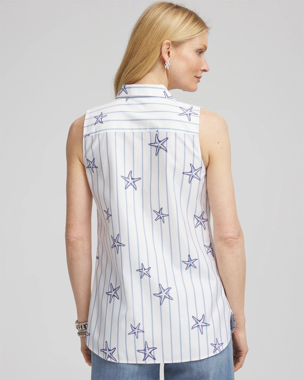 Chico's On Sale Optic White No Iron™ Starfish Striped Sleeveless Sateen Shirt