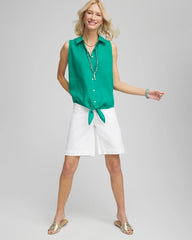 Chico's For Sale Eden Green No Iron™ Linen Tie-Front Sleeveless Shirt