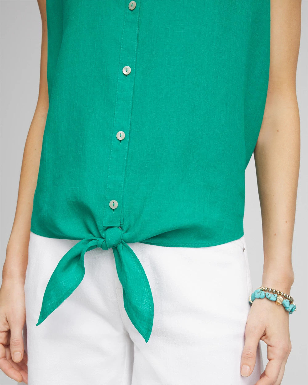 Chico's For Sale Eden Green No Iron™ Linen Tie-Front Sleeveless Shirt