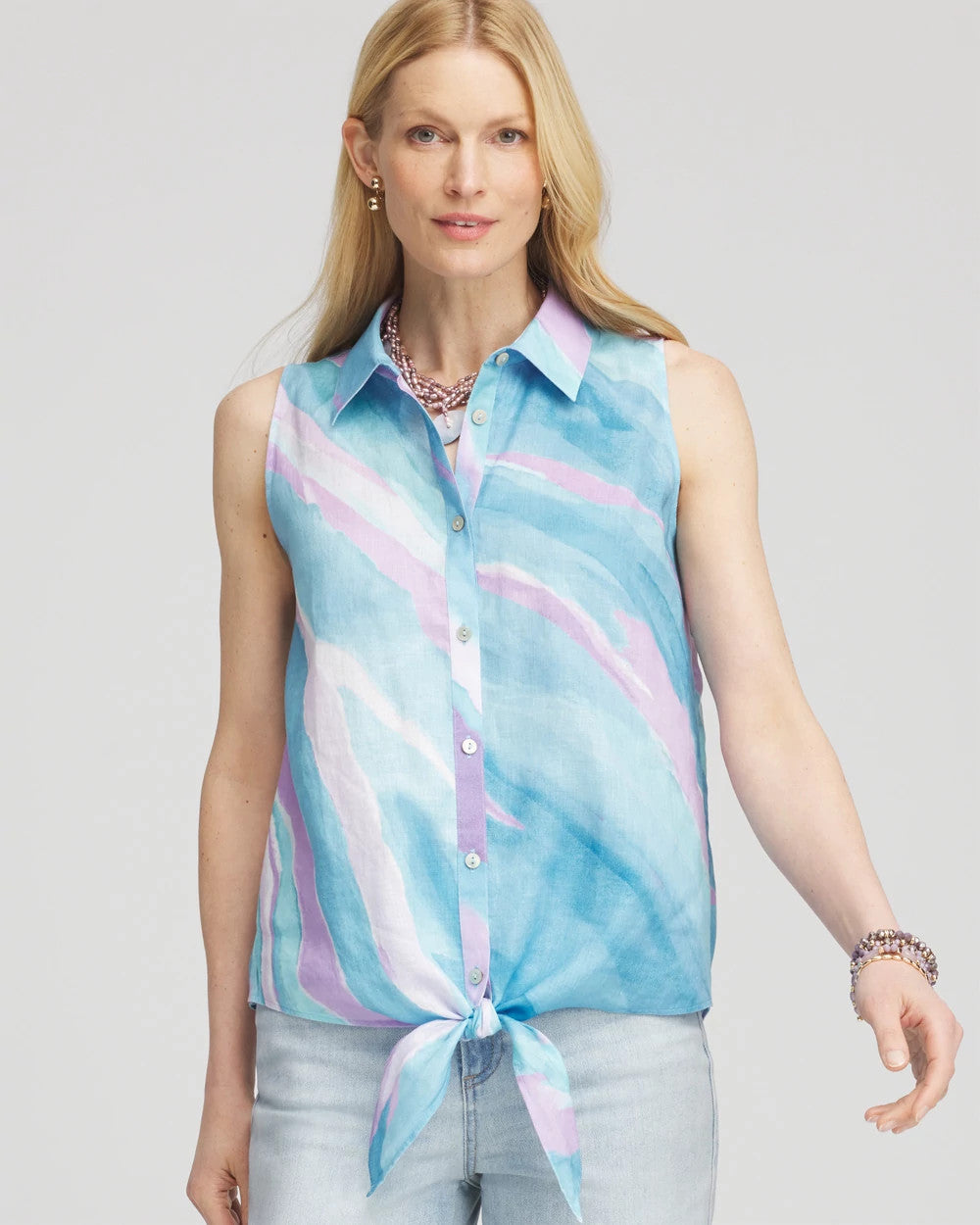 Chico's Online Paradiso Blue No Iron™ Linen Tie-Front Sleeveless Shirt