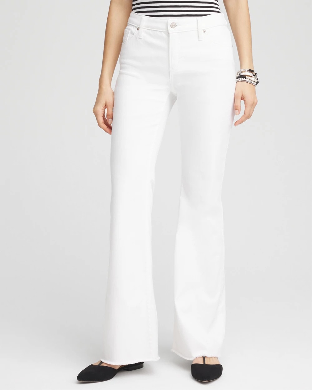 Chico's Outlet Alabaster Girlfriend No Stain Frayed Flared Jeans