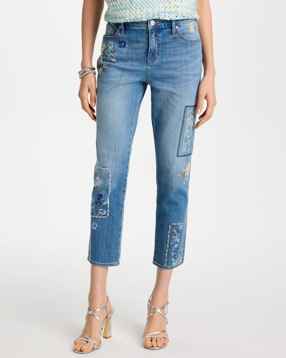 Chico's Outlet Aquamarine Indigo Floral Patchwork Girlfriend Crop Jeans