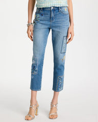 Chico's Outlet Aquamarine Indigo Floral Patchwork Girlfriend Crop Jeans